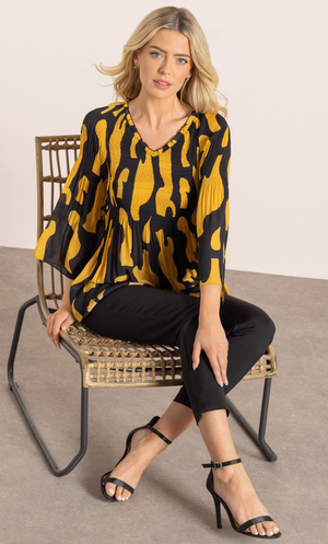 Abstract Print Pleated Top - Black/Pollen