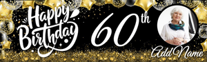 Personalised Birthday Banner - Black &amp; Gold Balloons - Custom Name Age &amp; 1 Photo
