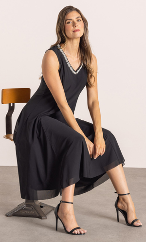 Embellished Sleeveless Mesh Midi Dress - Black
