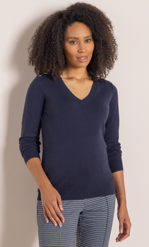 V Neck Stud Trim Jumper - Navy