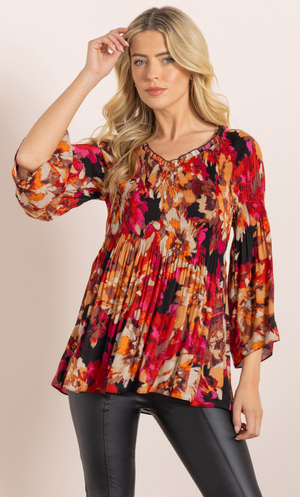 Floral Print Pleated Top - Black/Red