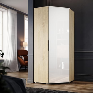 ELEGANT Corner Wardrobe with 2 Hanging Rails and 5 Storage Shelves Modern White Oak