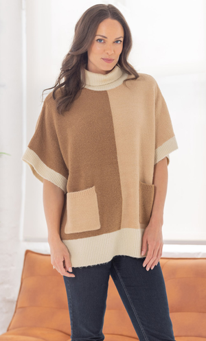 Short Sleeve Colour Block Knit Top - Brown/Mustard