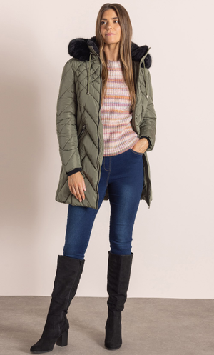 Faux Fur Trimmed Padded Coat - Khaki