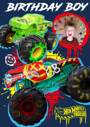 Hot Wheels Monster Jam Trucks Birthday Boy Photo Upload Card