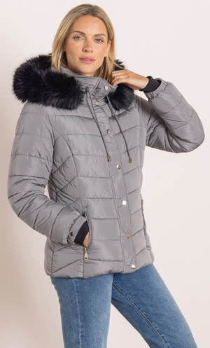 Faux Fur Trimmed Short Puffer Jacket - Grey