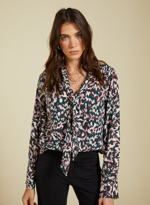 Effie Printed Tie Neck Blouse - 14 (UK Size 14) / Beige Animal