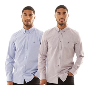 French Connection Mens Two Pack Long Sleeve Oxford Shirts Mid Blue/Bordeaux