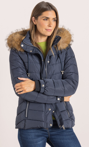 Faux Fur Trimmed Short Puffer Jacket - Navy