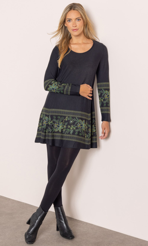 Botanical Border Print Brushed Knit Tunic - Black/Green