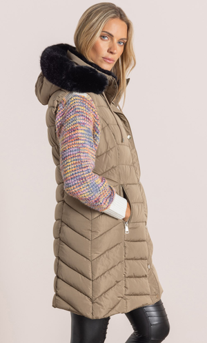Mid Length Hooded Quilted Gilet - Toffee
