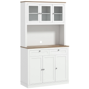 HOMCOM Armario de Cocina con 3 Puertas de Vidrio Compartimento Abierto 2 Cajones y Estantes Ajustables 100x40x180 cm Blanco