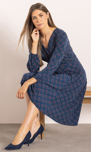Geometric Printed Long Sleeve Dress - Blue