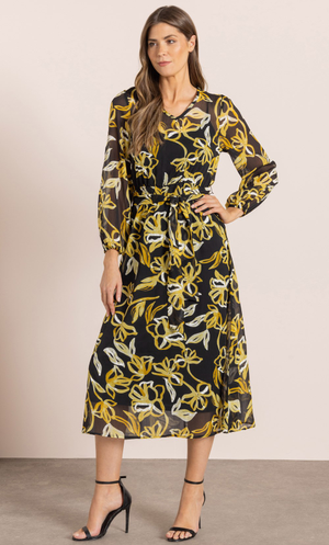 Printed Long Sleeve Midaxi Dress - Black/Pollen