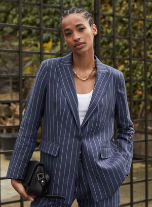 Thea Linen Blazer - 14 (UK Size 14) / Indigo & White Stripe