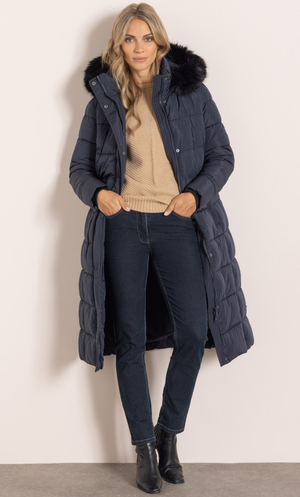 Longline Faux Fur Trim Puffer Coat - Navy