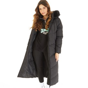 Brave Soul Womens Marcella Long Hooded Puffer Coat Black