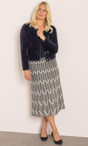Knitted Geometric Pleated A Line Midi Skirt - Black/Ecru