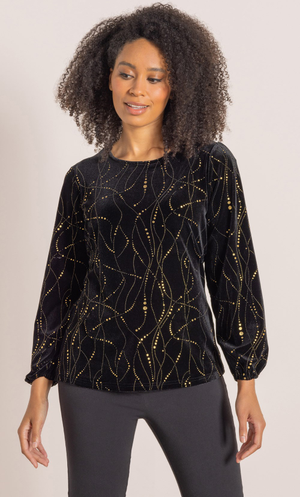 Circle Print Velour Top - Black/Gold