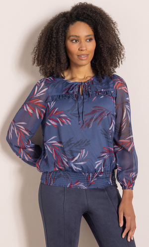 Leaf Printed Chiffon Smocked Hem Top - Navy
