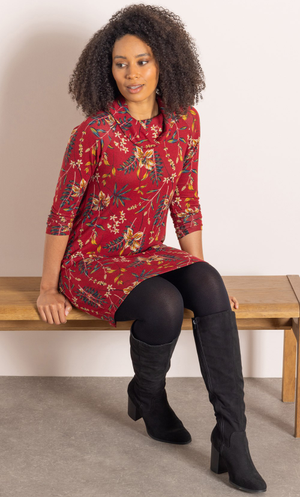 Botanical Print Cowl Neck Knitted Tunic Top - Red