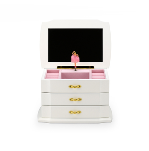3 Tier Matte White 18 Note Spinning Ballerina Musical Jewelry Box