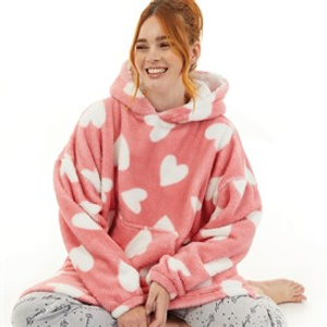 Board Angels Womens Heart Oversized Blanket Hoodie Pink/White