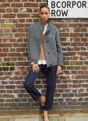Janine Wool Blend Short Coat - 16 (UK Size 16) / Black & Grey Herringbone