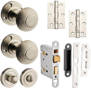 Beehive Mortice Door Knob Complete Bathroom Door Pack  - Brushed Nickel - 76mm - Knob/Lock/Hinges - Designer Levers