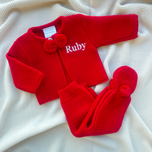 Red Knitted Pom 2 Piece Outfit
