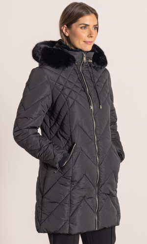 Faux Fur Trimmed Padded Coat - Black