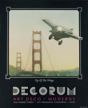 1987 Art Deco Decorum Poster Featuring German Cocktail Shaker, Golden Gate Bridge