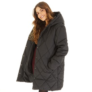 Brave Soul Womens Chantria Long Hooded Diamond Quilt Coat Black