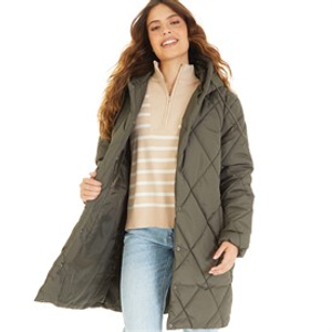Brave Soul Womens Chantria Long Hooded Diamond Quilt Coat Khaki