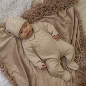 Unisex Taupe Cable Knitted Onesie & Bobble Hat