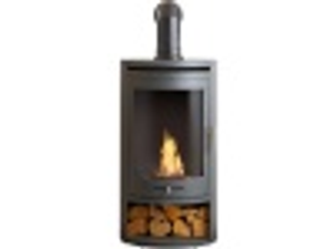 OKO S5 Bio Ethanol Cylinder Stove with Log Storage in Charcoal Grey & Angled Stove Pipe