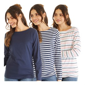 Board Angels Womens Stripe/Plain Three Pack Long Sleeved T-Shirts Navy/Pink