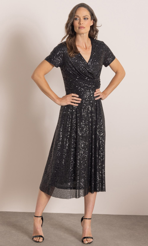 Short Sleeve Sequinned Midi Dress - Black