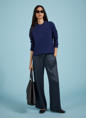 Monica Satin Wide Leg Trousers - 12 (UK Size 12) / Classic Navy