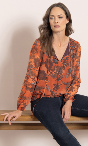 Botanical Printed Chiffon Smocked Top - Burnt Orange