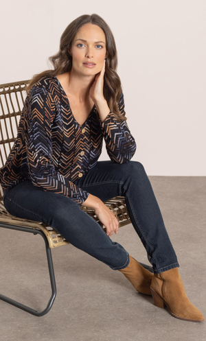 Printed Twist Front Top - Black/Lilac/Brown