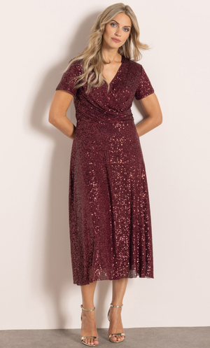 Short Sleeve Sequinned Midi Dress - Berry