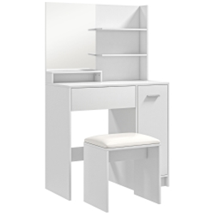 HOMCOM Tocador de Maquillaje con Taburete Espejo Cajón Estante Ajustable y Estantes Abiertos Anti-vuelco Blanco y Beige