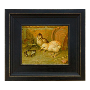 Chicks and Frog Framed Oil Painting Print on Canvas in Distressed Black Wood Frame