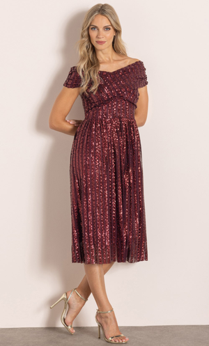 Sequin Striped Mesh Bardot Dress - Plum