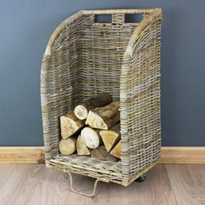 Grey & Buff Rattan Wicker Log Basket Trolley