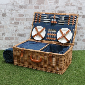 Luxury Blue Tweed 4 Person Picnic Wicker Hamper Basket
