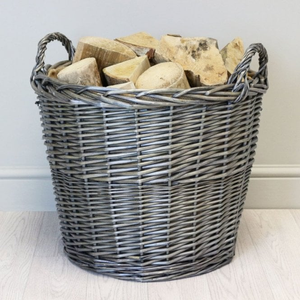Antique Wash Round Lined Wicker Log Basket