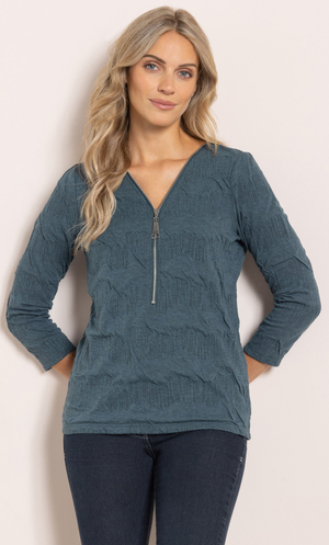 Textured Zip Front Top - Dark/Peacock