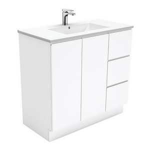 Dolce Ceramic Moulded Basin-Top + Fingerpull Gloss White Cabinet On Kick Board 2 Door 3 Right Drawer 900mm 3 Tap Holes [197648]